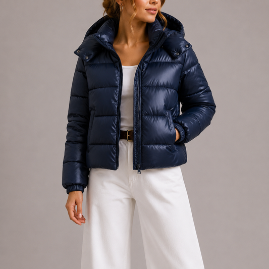 Lightweight Puffer Jacket with Hood and Water-Resistant Fabric for Women