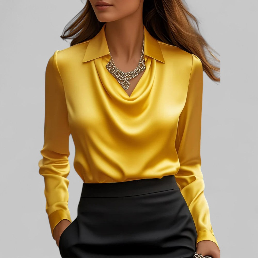 Draped Cowl Neck Blouse with Collar and Long Sleeves for Women