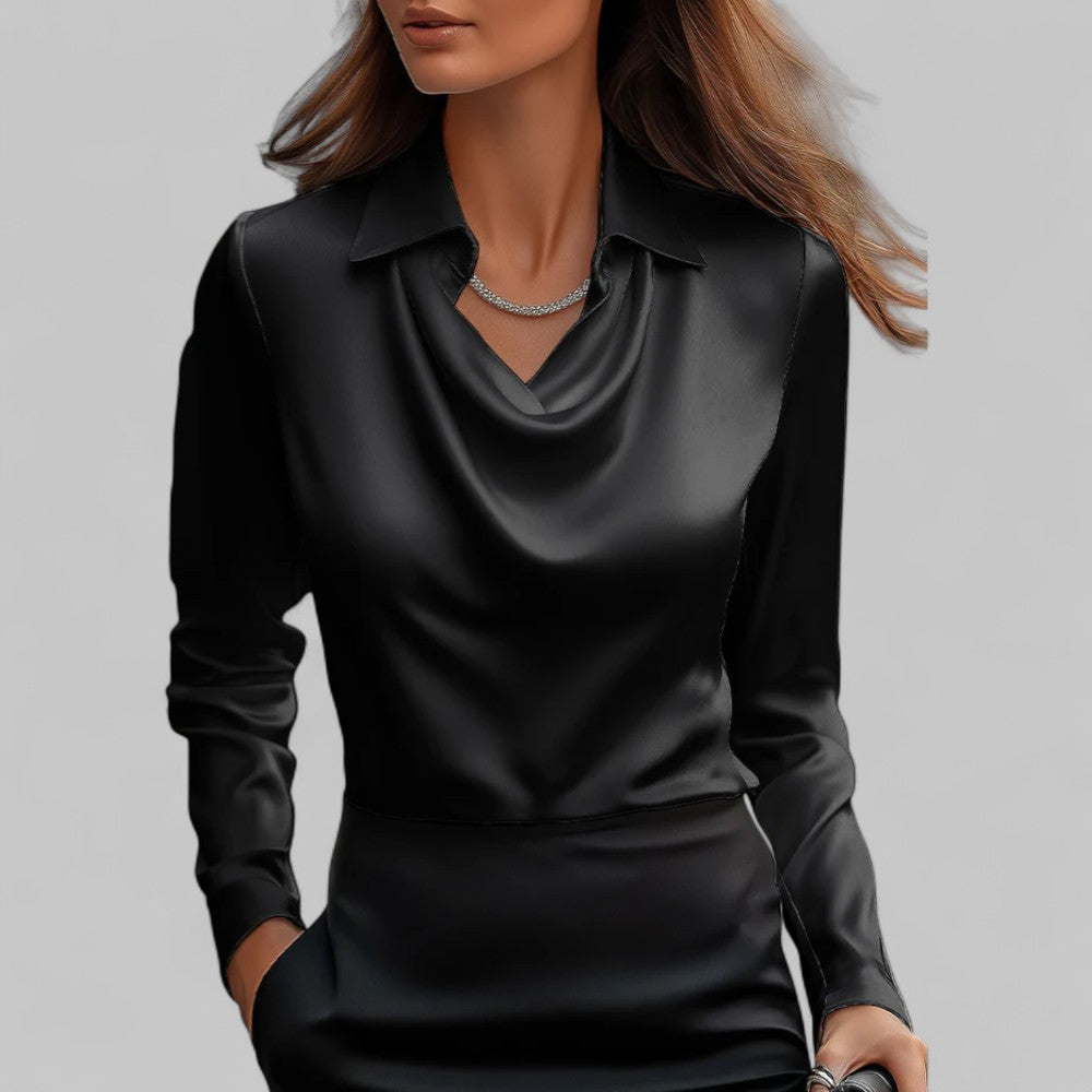 Draped Cowl Neck Blouse with Collar and Long Sleeves for Women