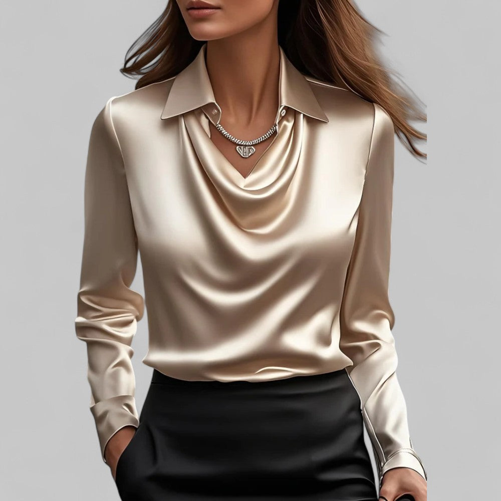 Draped Cowl Neck Blouse with Collar and Long Sleeves for Women