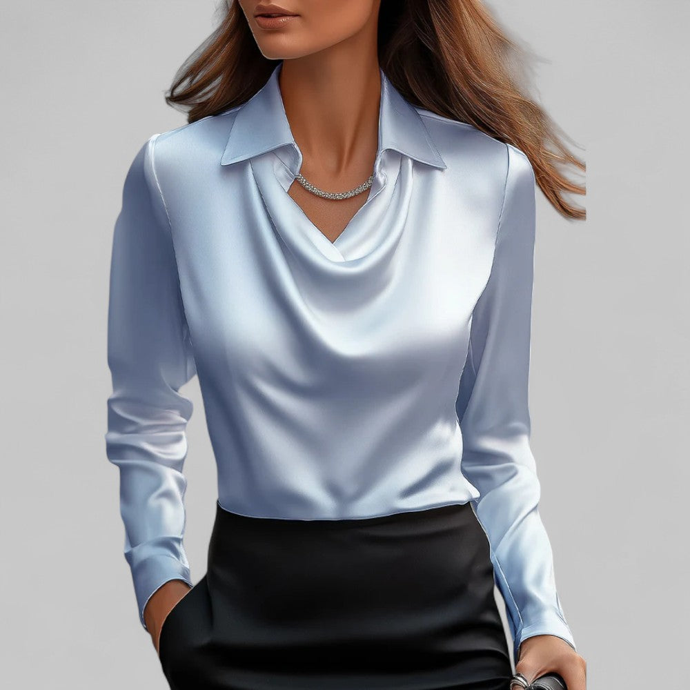 Draped Cowl Neck Blouse with Collar and Long Sleeves for Women