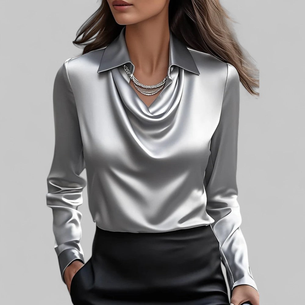 Draped Cowl Neck Blouse with Collar and Long Sleeves for Women