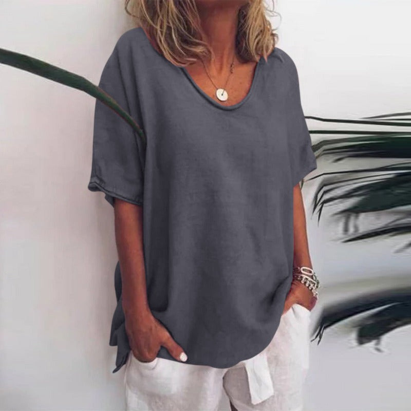 Oversized Scoop Neck T-Shirt with Raw Edge Short Sleeves for Women