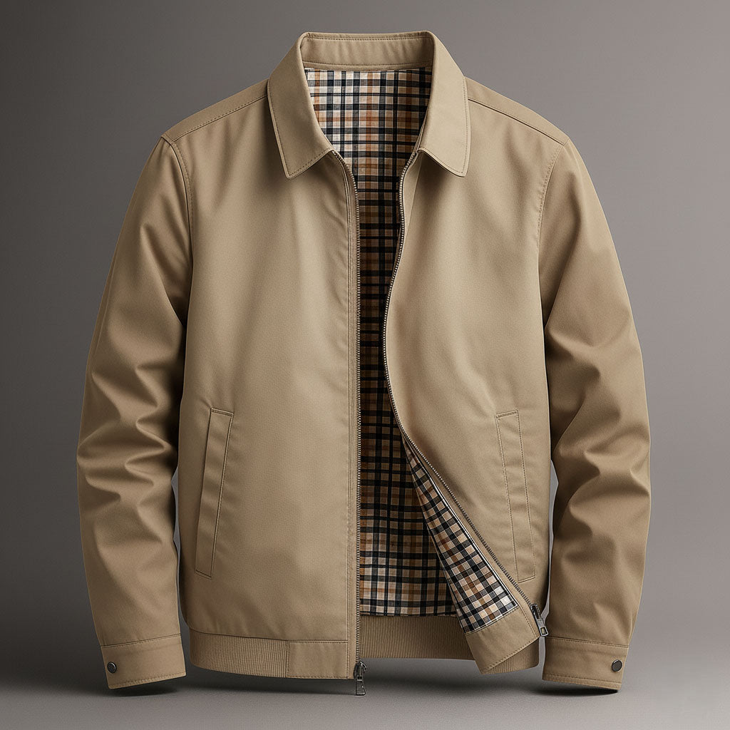 Classic Zip Front Harrington Jacket with Check Lining for Men