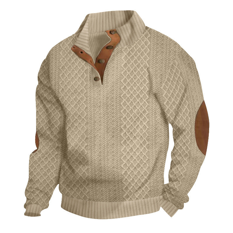 Half Button Pullover with Stand Collar and Elbow Patches for Men