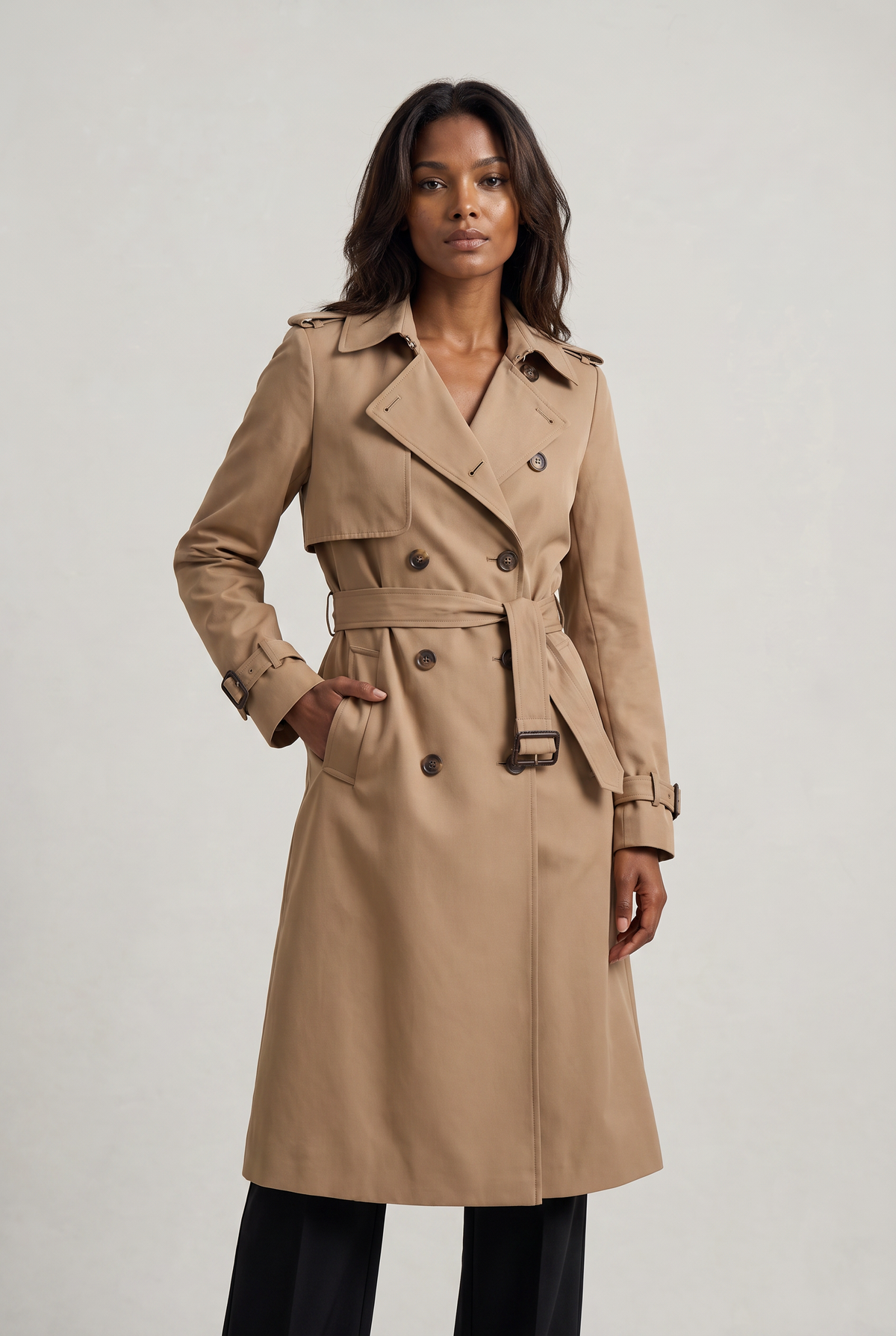 Double Breasted Trench Coat with Belted Waist and Storm Flap for Women