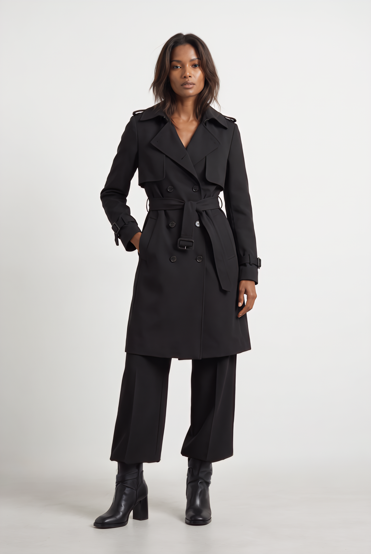 Double Breasted Trench Coat with Belted Waist and Storm Flap for Women