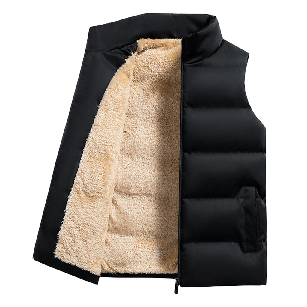 Plush Lined Puffer Vest with Stand Collar and Zip Pockets for Men