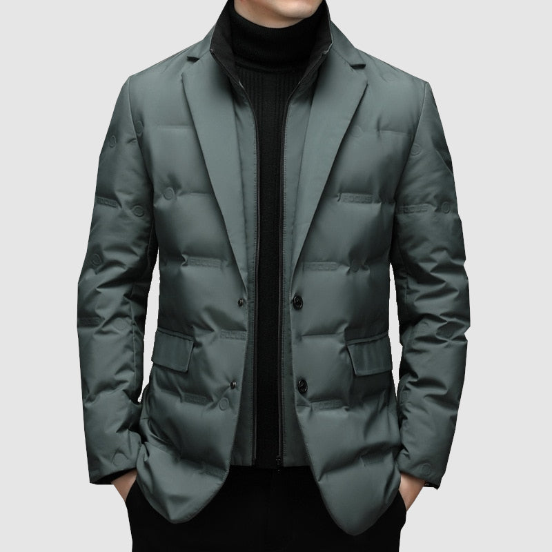 Quilted Padded Blazer with Notch Lapels and Inner Zip Bib for Men