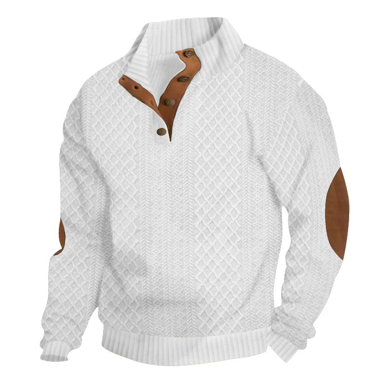 Half Button Pullover with Stand Collar and Elbow Patches for Men