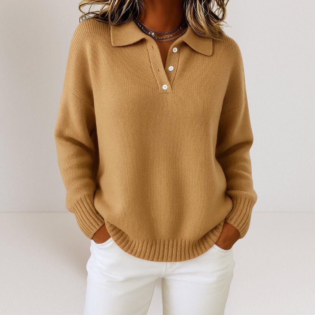 Polo Collar Sweater with Button Placket and Relaxed Fit for Women