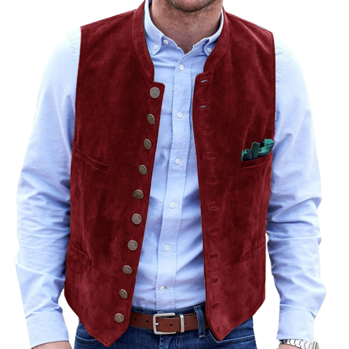 Single Breasted Waistcoat with Stand Collar and Metal Buttons for Men