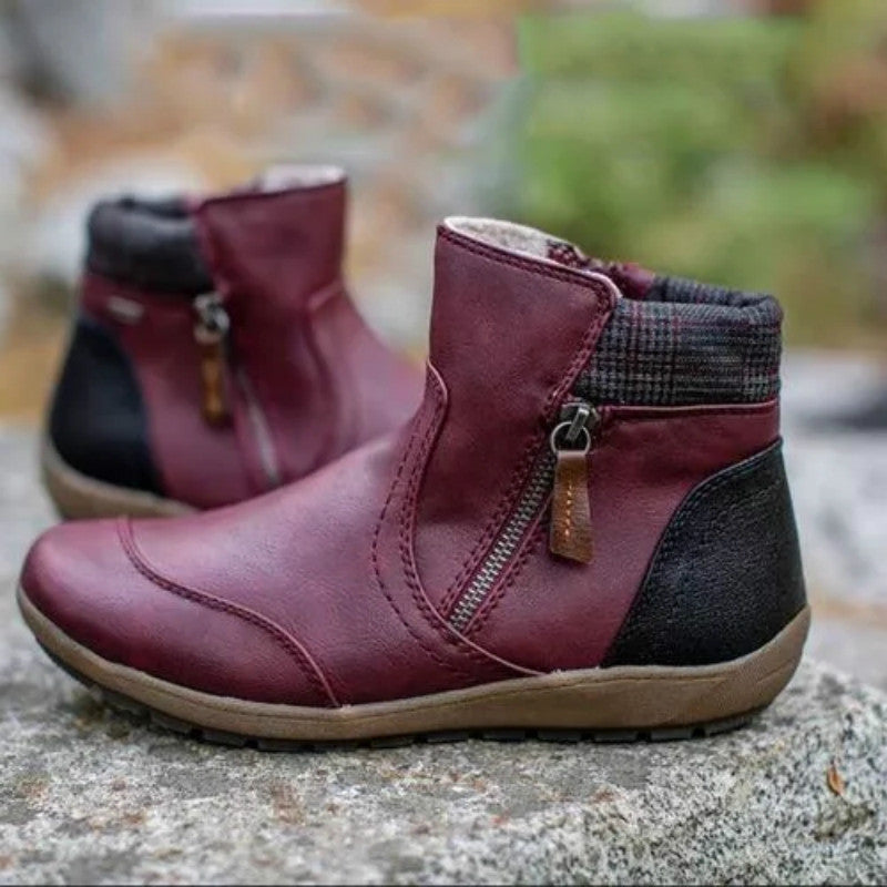 Side Zip Ankle Boots with Plush Collar and Grip Sole for Women