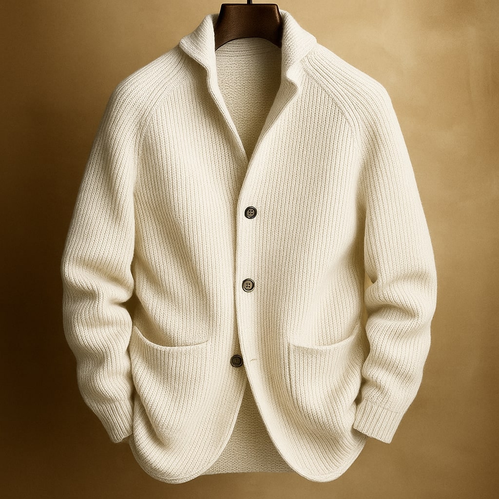 Ribbed Shawl Collar Cardigan Jacket with Patch Pockets for Men