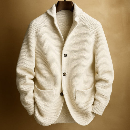Ribbed Shawl Collar Cardigan Jacket with Patch Pockets for Men