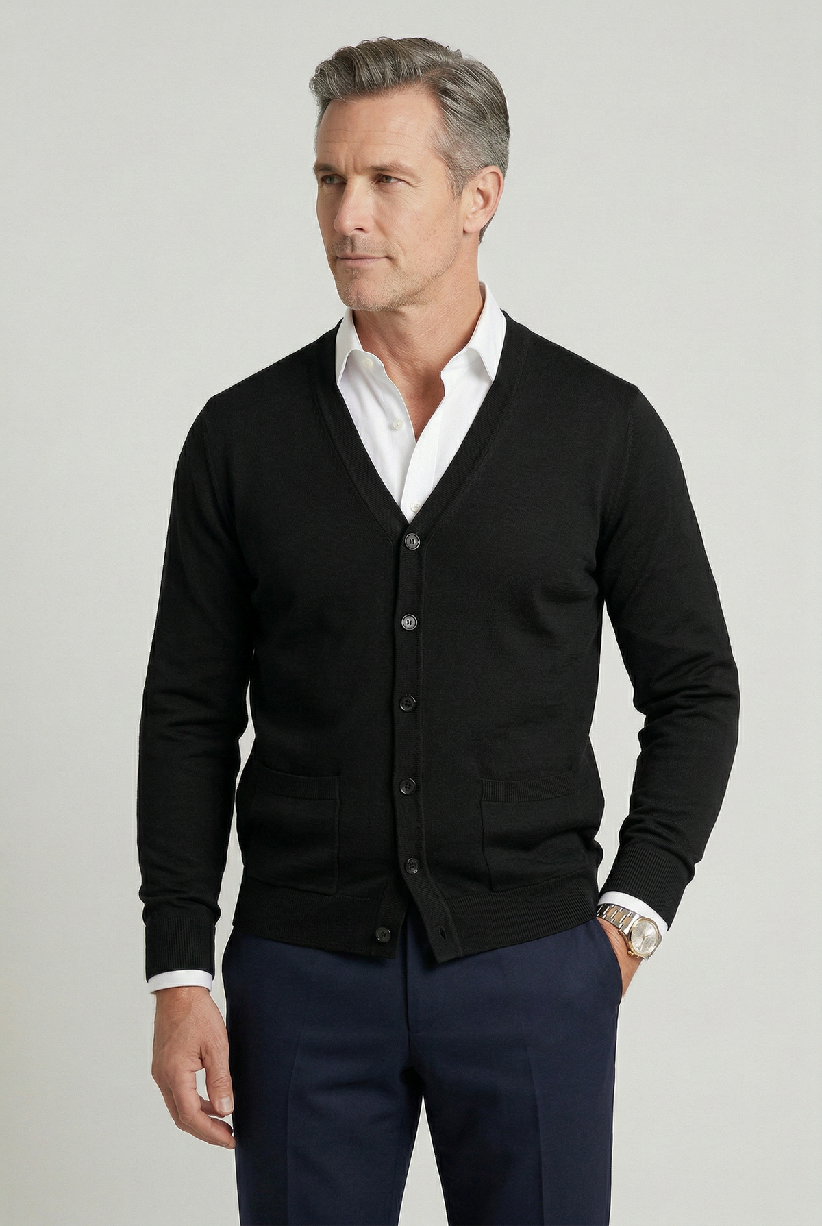 Classic V Neck Cardigan with Button Front and Ribbed Trims for Men