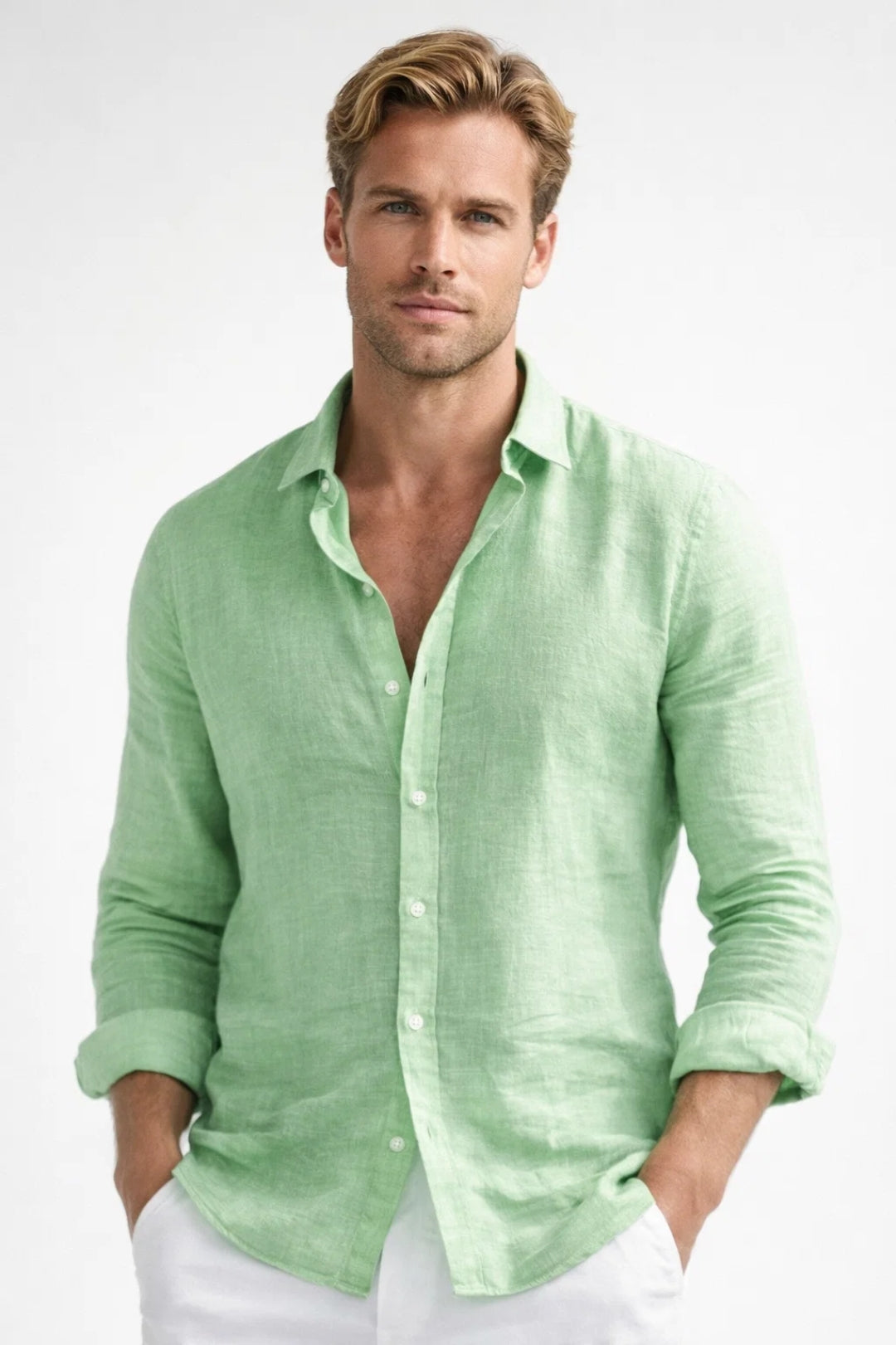 Relaxed Long Sleeve Shirt with Pointed Collar and Button Front for Men