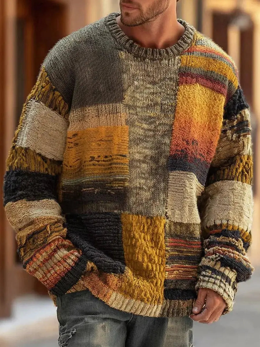 Patchwork Chunky Sweater with Colour Block Panels and Crewneck for Men