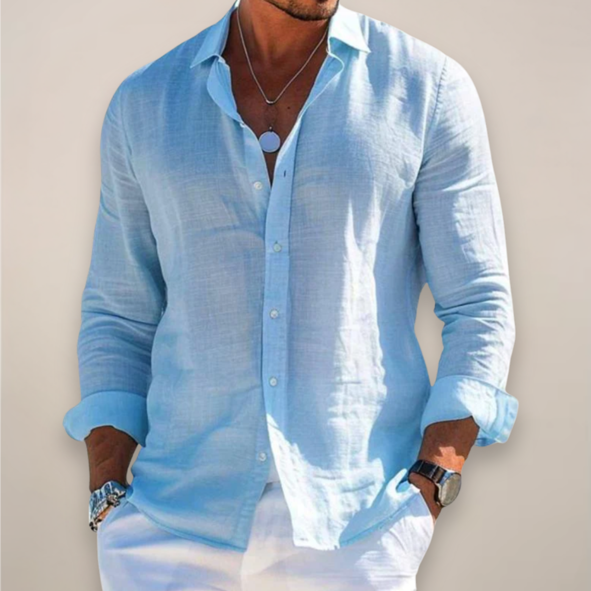 Relaxed Button Up Shirt with Spread Collar and Long Sleeves for Men