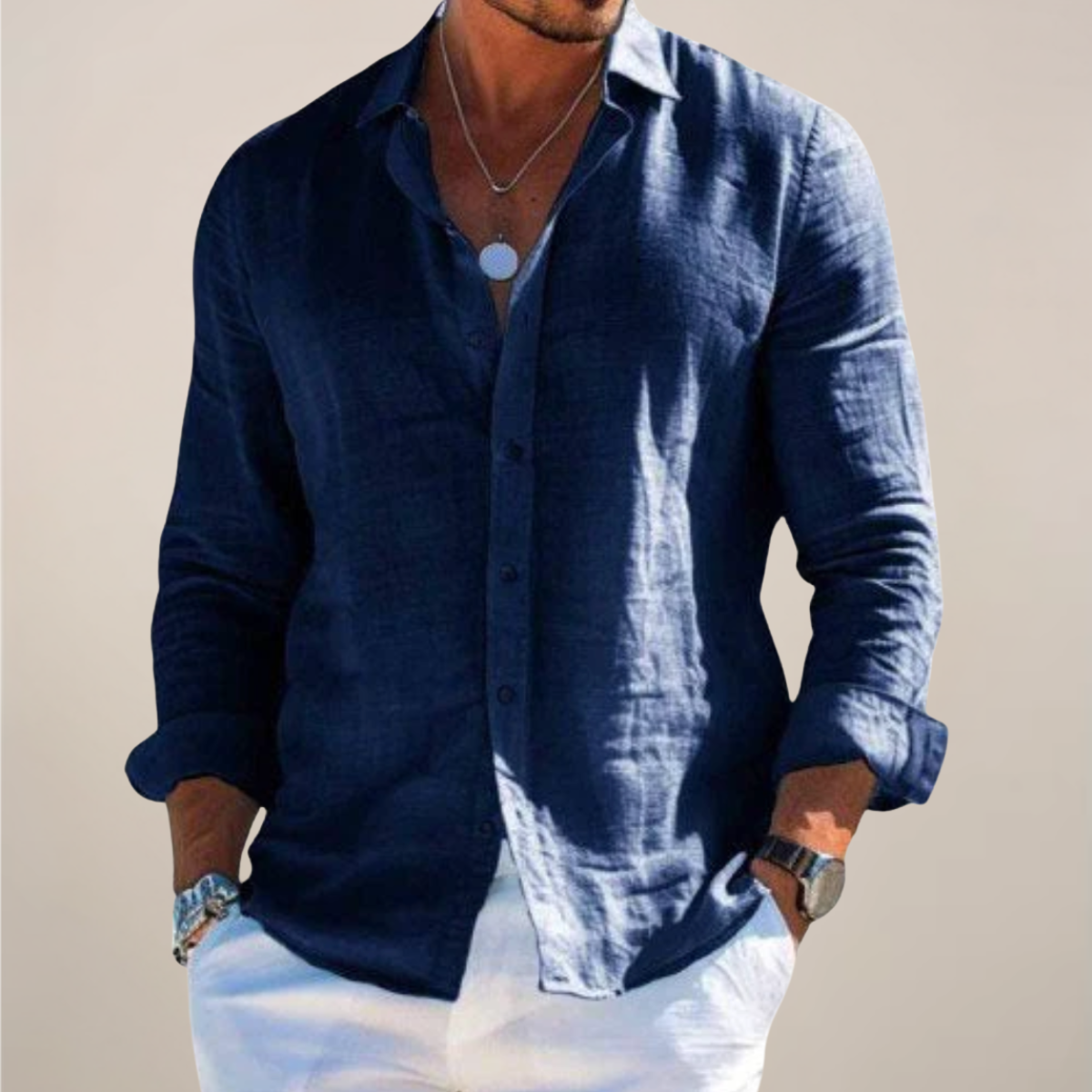 Relaxed Button Up Shirt with Spread Collar and Long Sleeves for Men