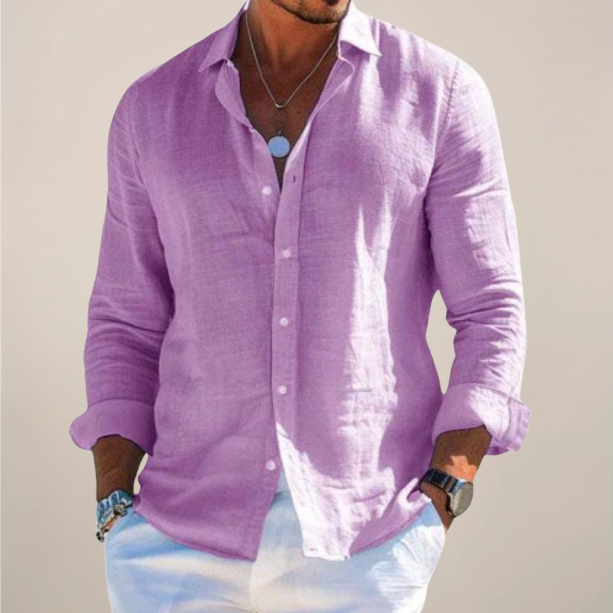 Relaxed Button Up Shirt with Spread Collar and Long Sleeves for Men