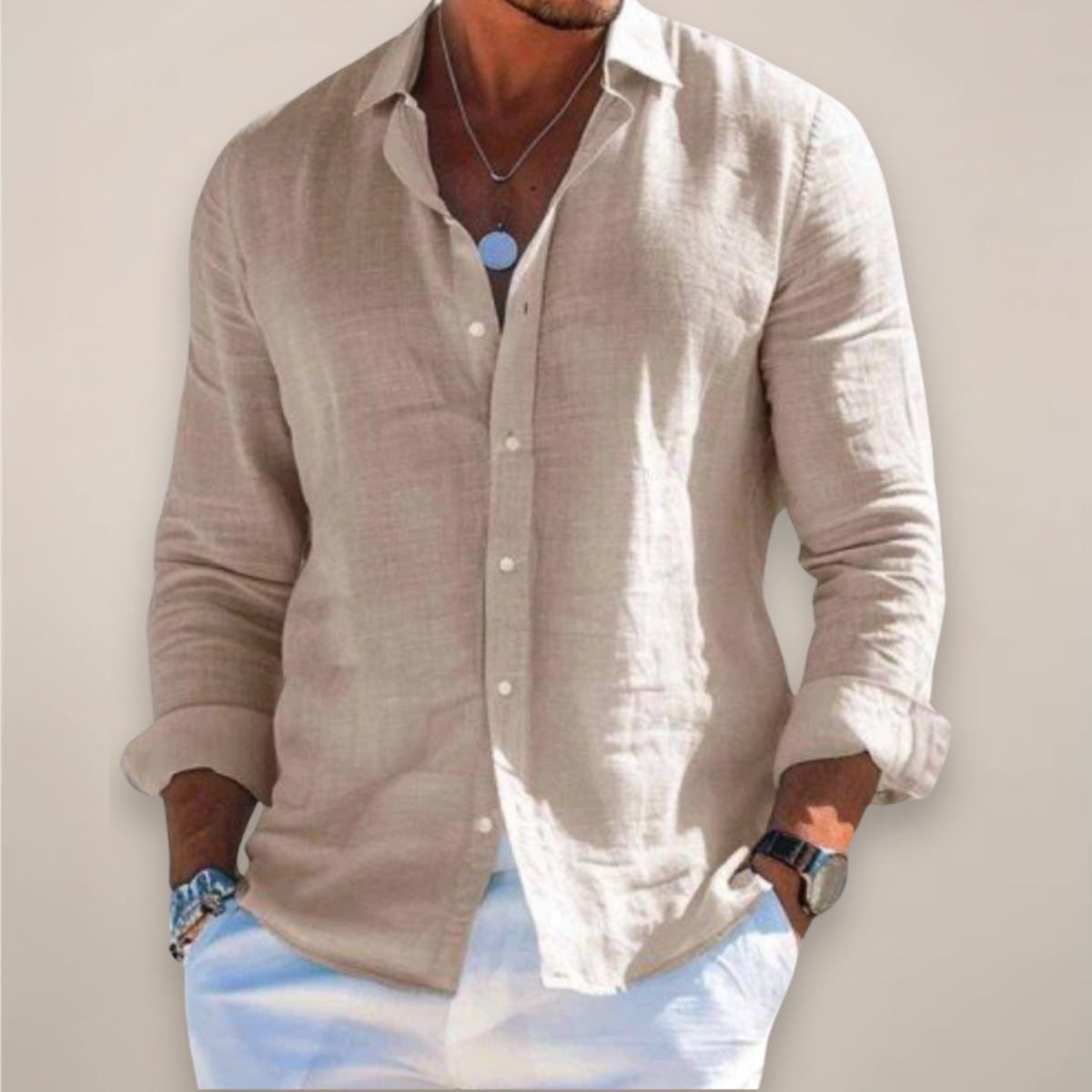 Relaxed Button Up Shirt with Spread Collar and Long Sleeves for Men