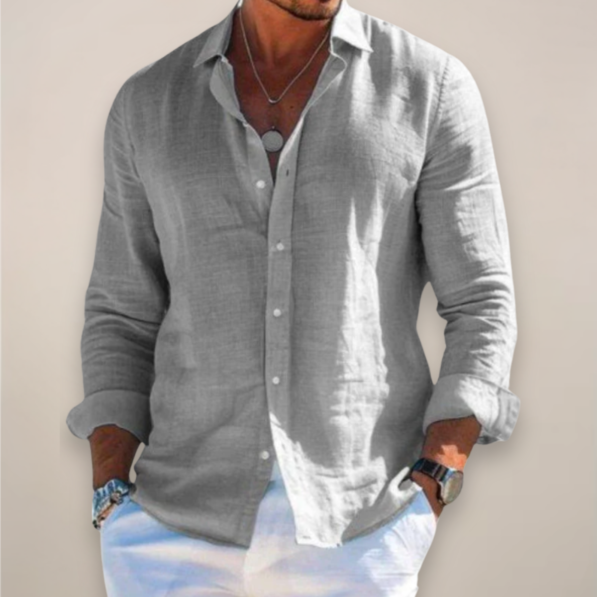 Relaxed Button Up Shirt with Spread Collar and Long Sleeves for Men