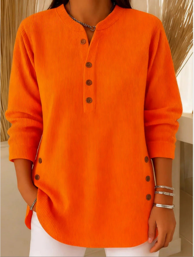 Ribbed Tunic Top with Henley Neckline and Side Button Detail for Women
