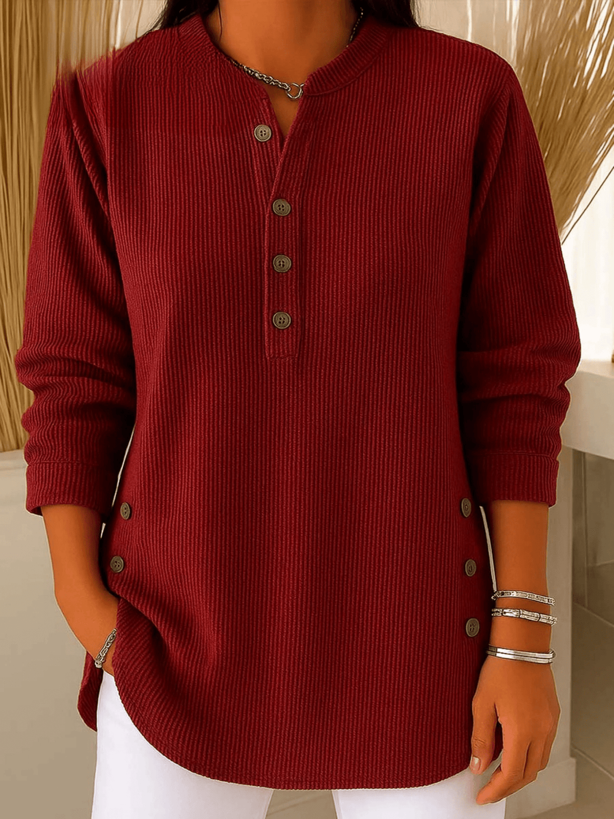 Ribbed Tunic Top with Henley Neckline and Side Button Detail for Women