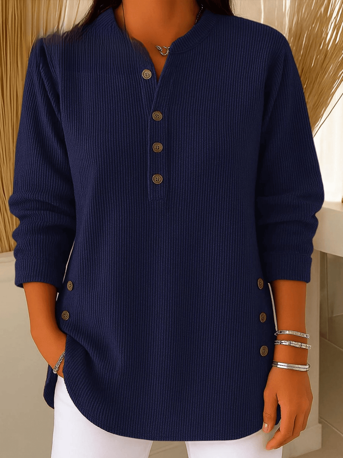 Ribbed Tunic Top with Henley Neckline and Side Button Detail for Women