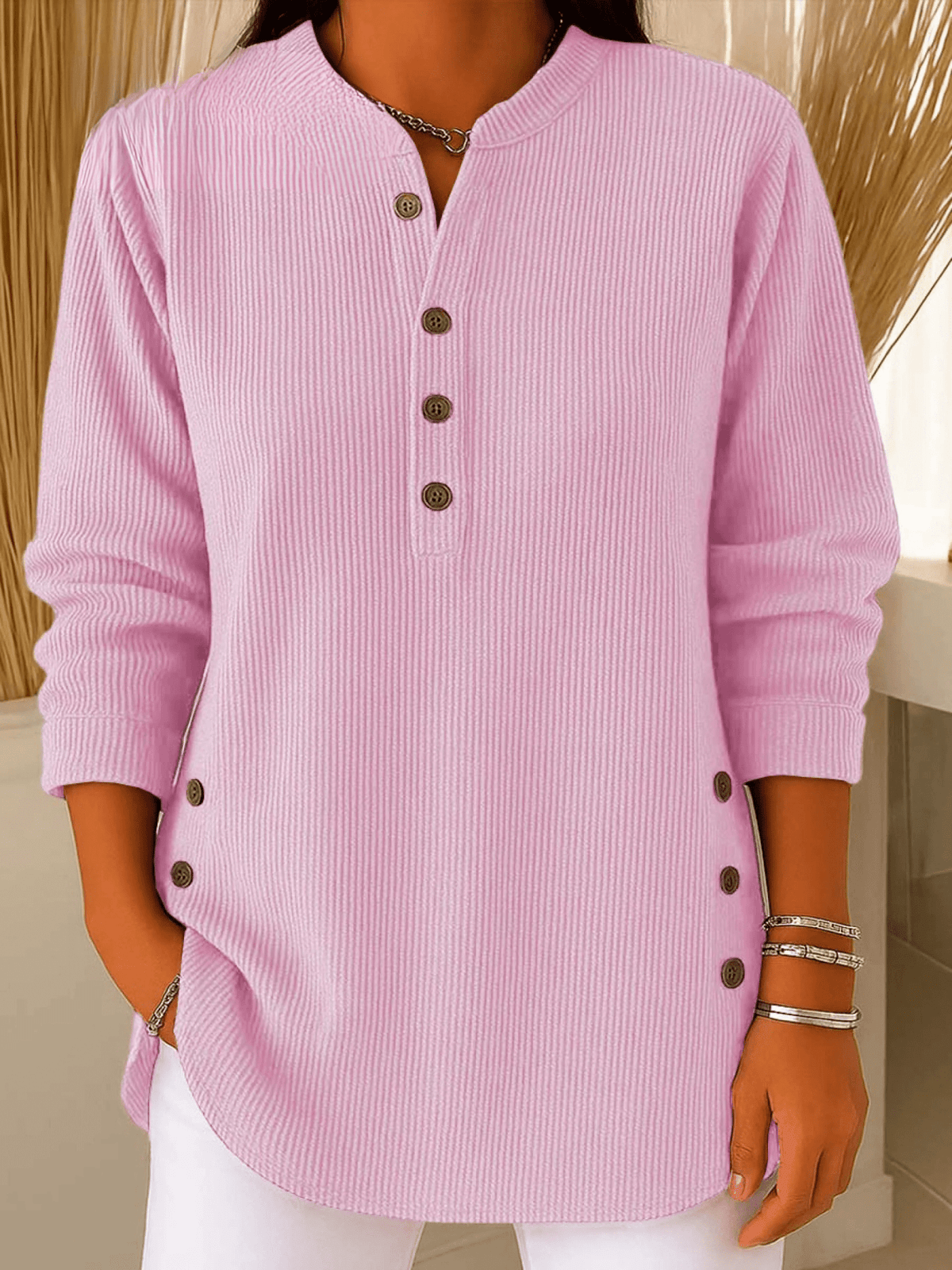 Ribbed Tunic Top with Henley Neckline and Side Button Detail for Women