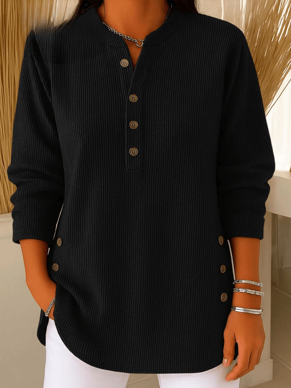 Ribbed Tunic Top with Henley Neckline and Side Button Detail for Women