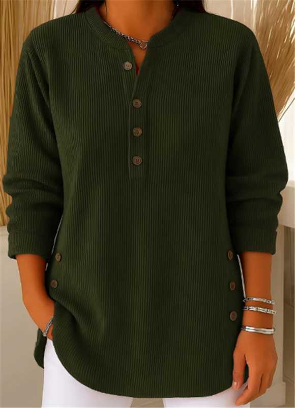 Ribbed Tunic Top with Henley Neckline and Side Button Detail for Women
