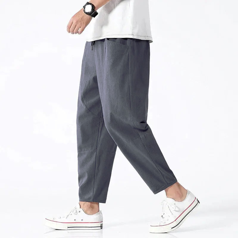 Cropped Tapered Pants with Elastic Waist and Relaxed Fit for Men