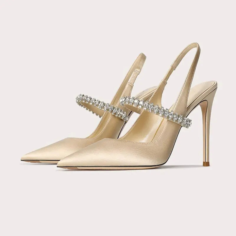 Pointed Toe Slingback Heels with Crystal Strap and Stiletto for Women