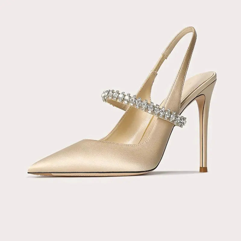Pointed Toe Slingback Heels with Crystal Strap and Stiletto for Women