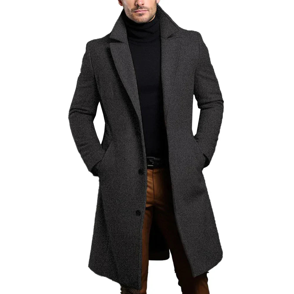 Longline Overcoat with Notch Lapels and Single Breasted Front for Men