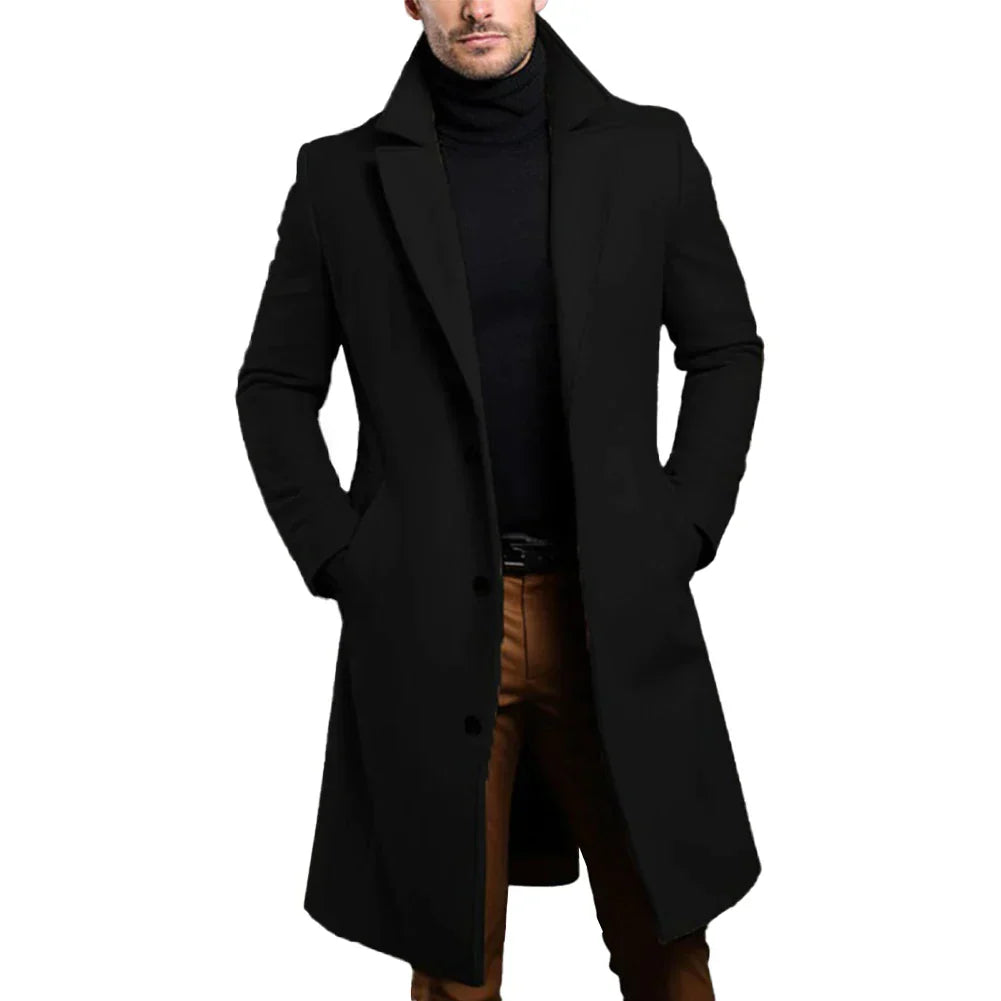 Longline Overcoat with Notch Lapels and Single Breasted Front for Men