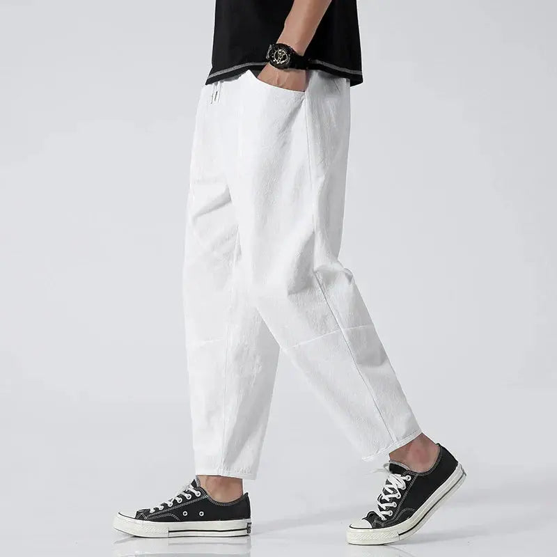 Cropped Tapered Pants with Elastic Waist and Relaxed Fit for Men