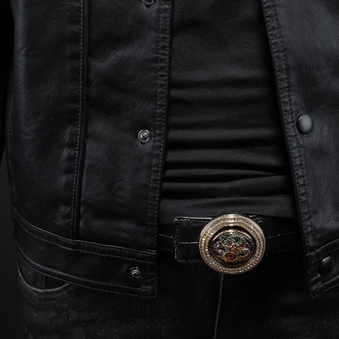 Classic Trucker Jacket with Flap Chest Pockets and Glossy Look for Men