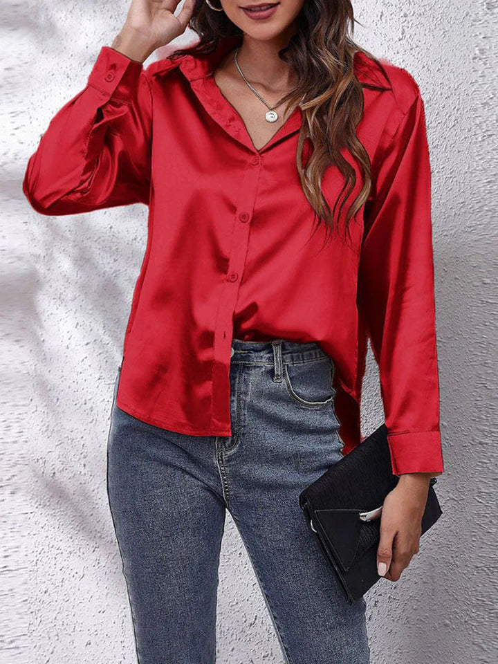 Blouse satinée femme à manches longues coupe décontractée avec boutons