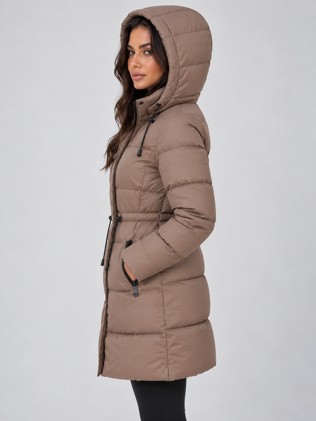 Quilted Puffer Coat with Drawstring Waist and Attached Hood for Women