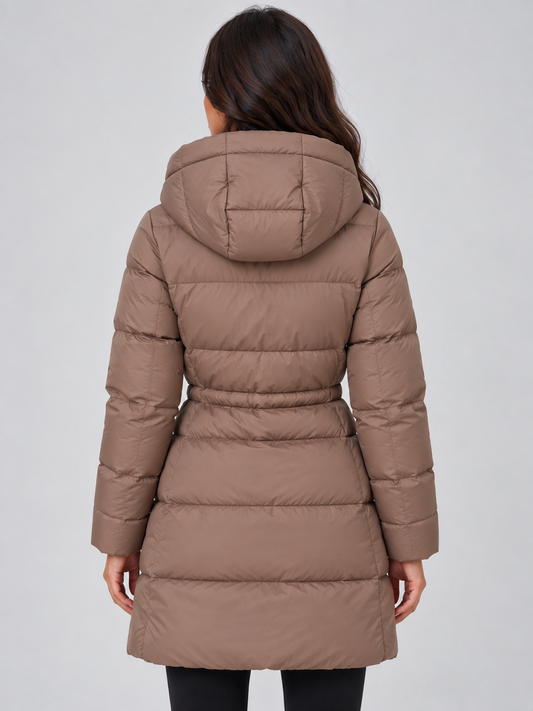 Quilted Puffer Coat with Drawstring Waist and Attached Hood for Women