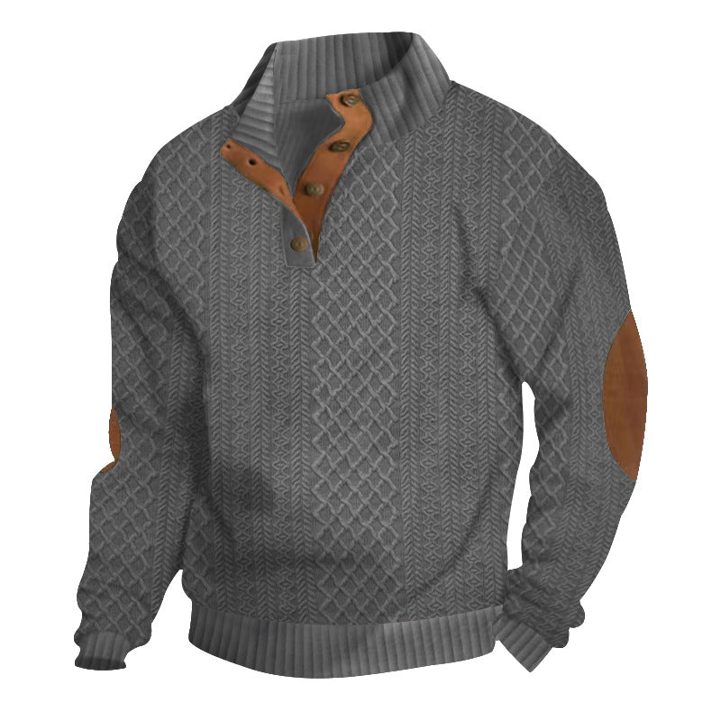 Half Button Pullover with Stand Collar and Elbow Patches for Men