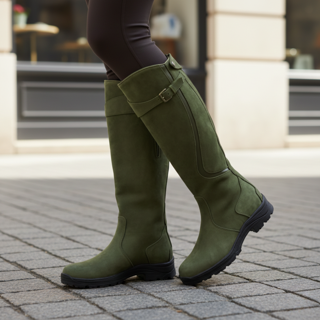 Waterproof Knee High Boots with Buckle Strap and Grip Sole for Women