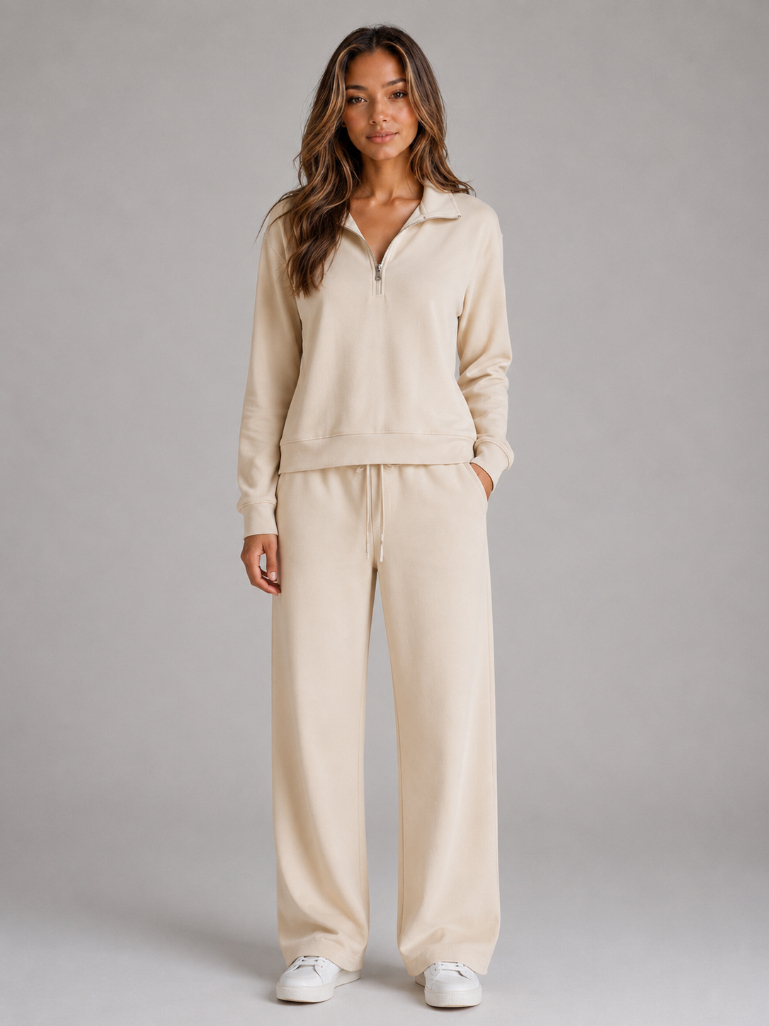 Half Zip Lounge Set with Sweatshirt and Wide Leg Pants for Women