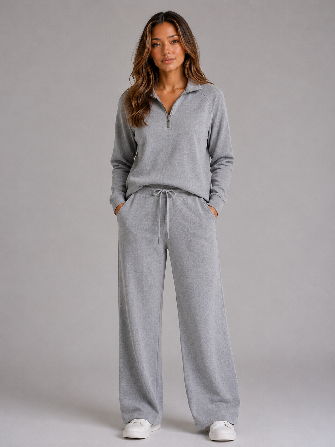 Half Zip Lounge Set with Sweatshirt and Wide Leg Pants for Women