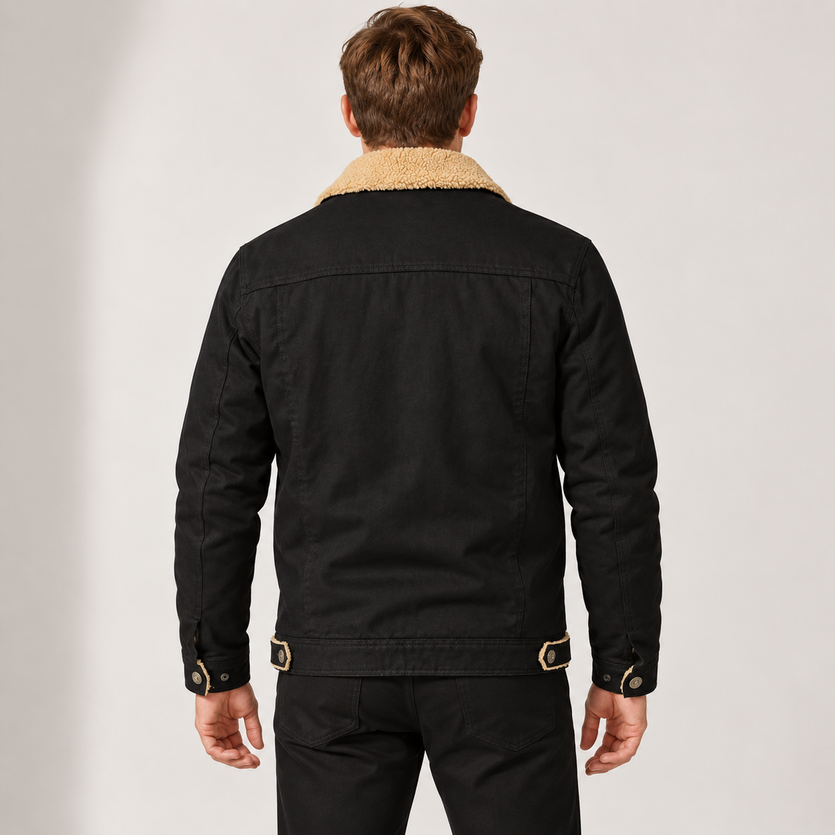 Plush Lined Trucker Jacket with Chest Pockets and Button Front for Men