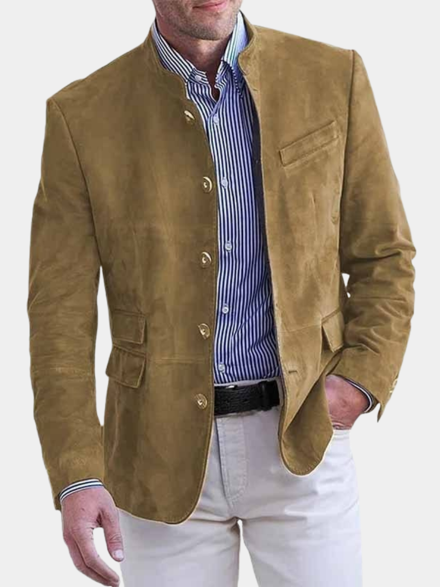 Band Collar Blazer with Five Button Front and Flap Pockets for Men