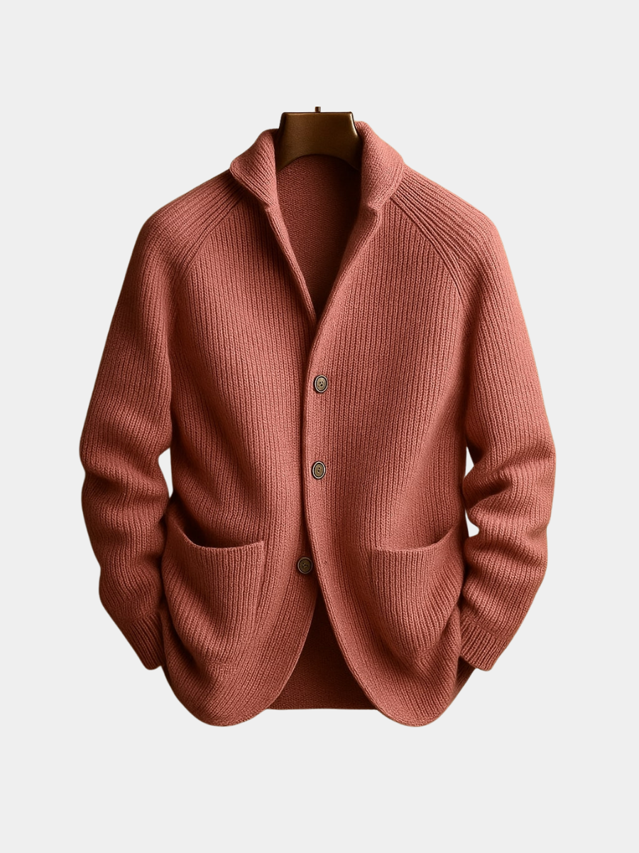 Ribbed Shawl Collar Cardigan Jacket with Patch Pockets for Men